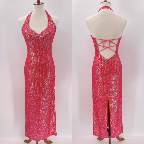 Vintage Dresses & Skirts - Vintage Y2K Barbie Pink Sequin Halter Slinky Gown Dress Small Britney Spears